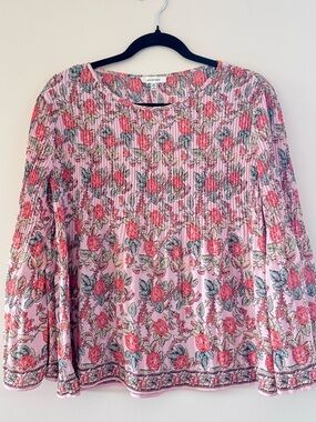 Max Studio Pink Floral Pleated Front Long Sleeve Blousee